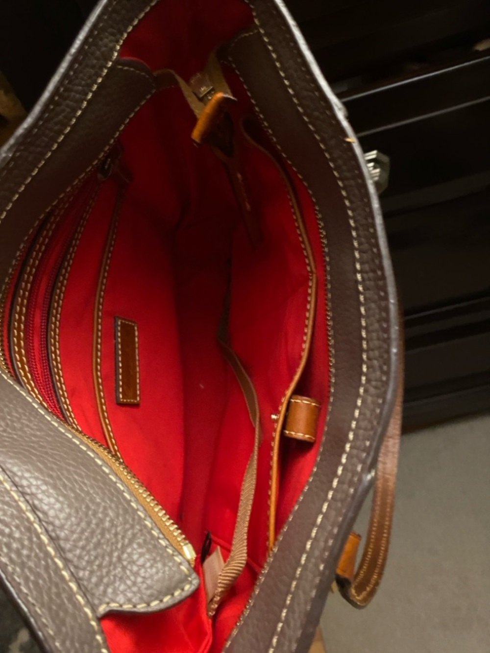 Dooney & Bourke Taupe Pebble Leather Tote with Brown Trim - Picture 4 of 6